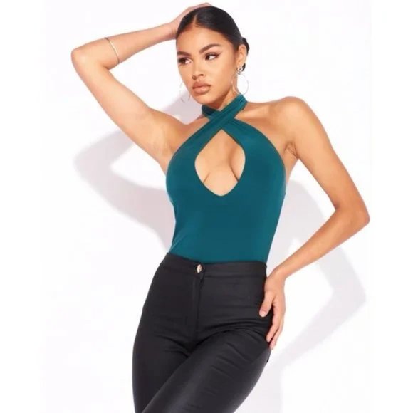 Green Sleeveless Halter Neck Keyhole Open Back Bodycon Bodysuit Leotard Top - Picture 12 of 13
